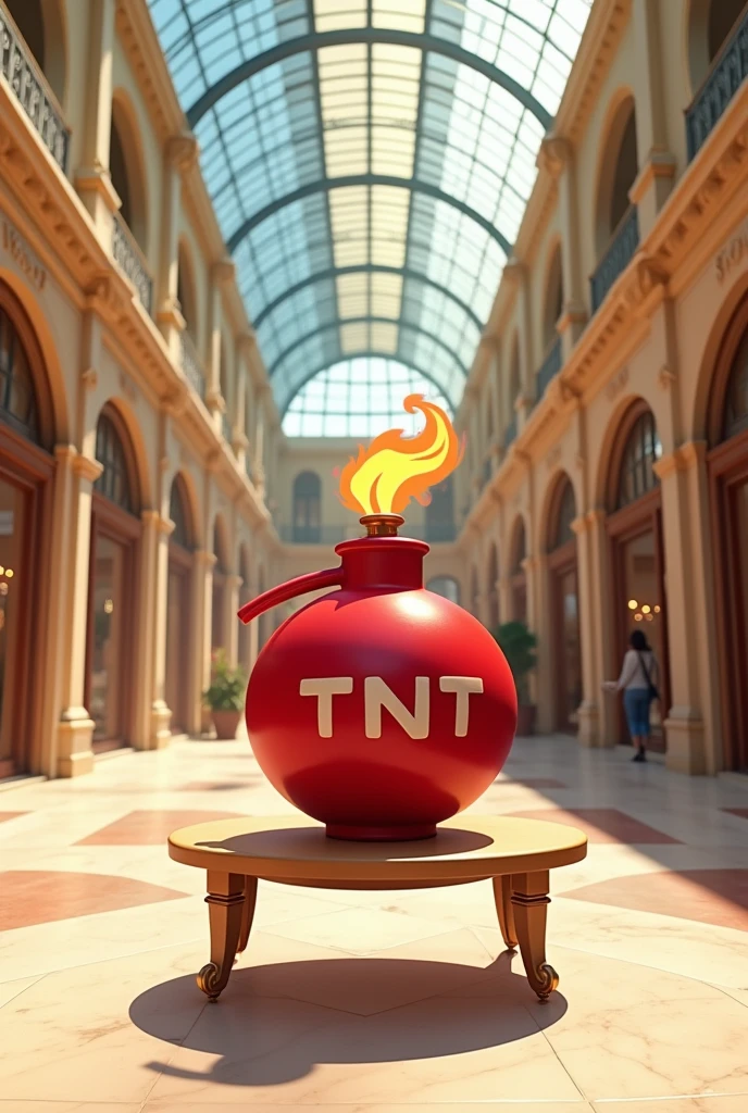 "An animated scene of a luxurious, empty shopping gallery, similar to Galeries Lafayette in 2024, with grand architecture, glass ceilings, and marble floors. In the center, on a simple table, is a large red TNT dynamite bomb with a lit fuse, styled like a classic cartoon. The image should have a Pixar or Pixel cartoon feel, with vibrant colors, smooth textures, and a playful yet slightly tense atmosphere."