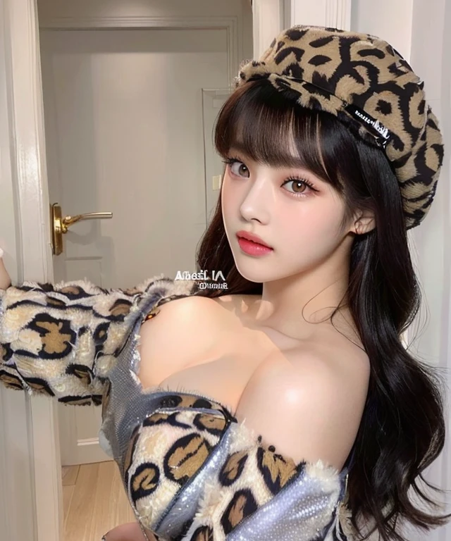 a close up of a woman wearing a leopard print hat and golden eyes, belle delphine, dilraba dilmurat, lalisa manobal, young beautiful amouranth, with full bangs, amouranth, pokimane, ruan cute vtuber, lalisa manoban of blackpink, with bangs, anime girl in real life, jisoo from blackpink, popular south korean makeup, quality detailed ,(beautiful makeup :1.2), Wide hips, big, big ass, (best quality, 8K, masterpiece: 1.3), Clear focus: 1.2, Perfect body beauty: 1.4, strong abs, Very detailed face and skin texture. , detailed eyes, double eyelids, (long hair), having very marked curves, with greater volume in ((hips and breasts)), which makes the waist look much smaller ((wasp waist)).