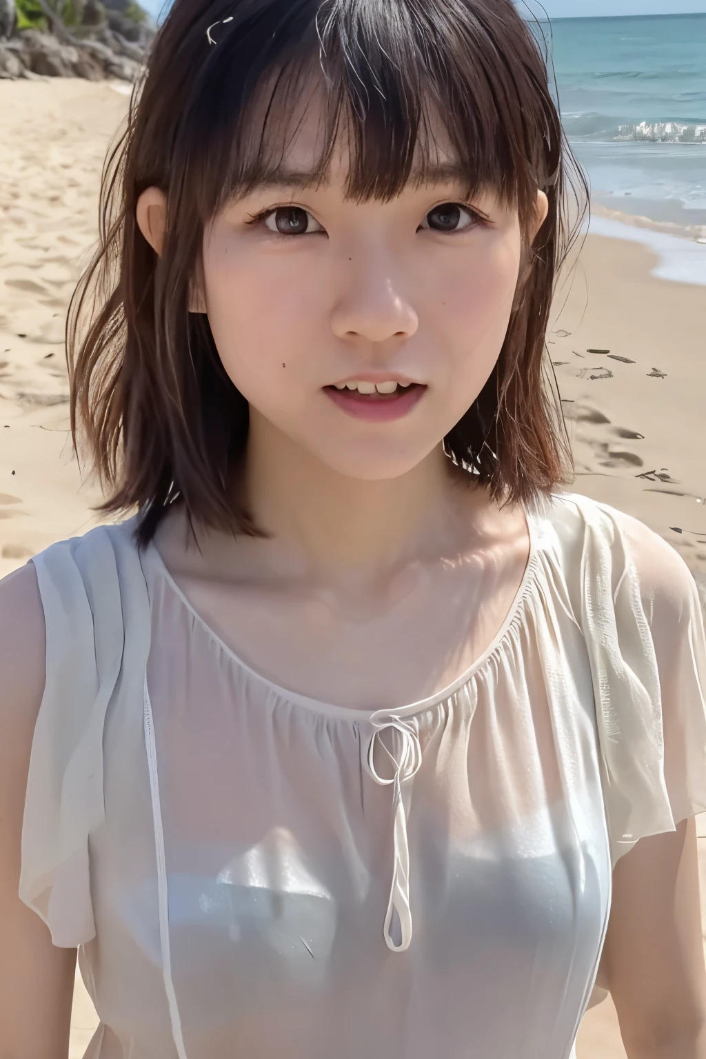 8k, highest quality, masterpiece, super high resolution, (realistic:1.4), RAW Photos, (Film Grain:1.3), One Girl, phòtogravúre of a skinny Japanese woman, 30 years old, running on the beach. She has a cute face and black hair. She is wearing a white blouse on nude, a gray pleated skirt. (Real skin texture:1.3), correct body anatomy, ((detailed face, detailed eyes))