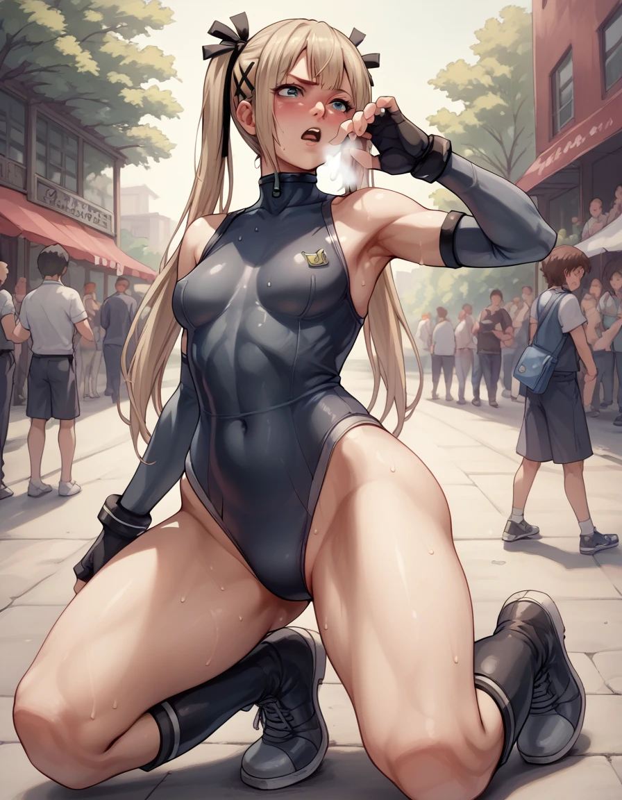 Marie Rose, A bodysuit worn under clothing, Fingerless gloves, leotard, Removable sleeves、Photographed with a smartphone、、、Escape to, score_9, score_8_superior, score_7_superior, score_6_superior, score_5_superior, score_4_superior、Inspired by Japanese manga style, Manga style, How to draw manga, Digital drawing, An 8K masterpiece depicting a Japanese manga about girls in their twenties, Act as a slave,, . , shortness of breath, , close your eyes, , Sweaty. . My open fingers are rough. whole body. . Six Pack Abs. . information. Surrounded by a crowd.full body、drunk、