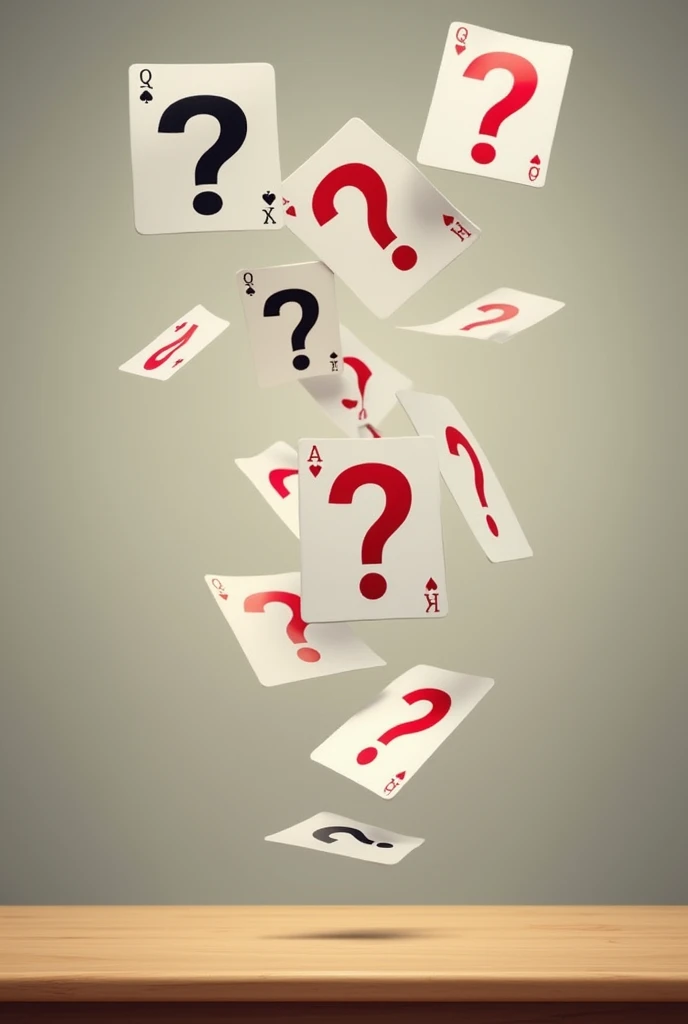 Cards with question marks falling onto a table, at the same time with neutral tones with space to put a title