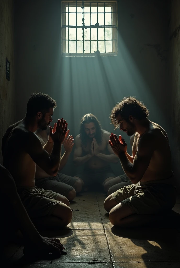 (photorealism:1.2), men imprisoned in jail praying 