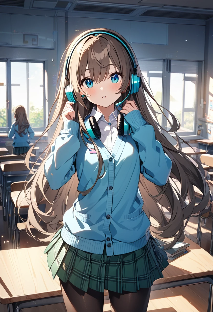 Miku Nakano, miku nakano, Long Hair, bangs, blue eyes, Brown Hair, shirt, Hair between the eyes, Headphones, cardigan, Headphones around neck,
break skirt, shirt, Long sleeve, white shirt, pantyhose, Pleated skirt, black pantyhose, cardigan, Green Skirt, blue cardigan,
break indoors, classroom,
break looking at viewer, 
break (masterpiece:1.2), Highest quality, High resolution, unity 8k wallpaper, (figure:0.8), (Beautiful attention to detail:1.6), Highly detailed face, Perfect lighting, Highly detailed CG, (Perfect hands, Perfect Anatomy),