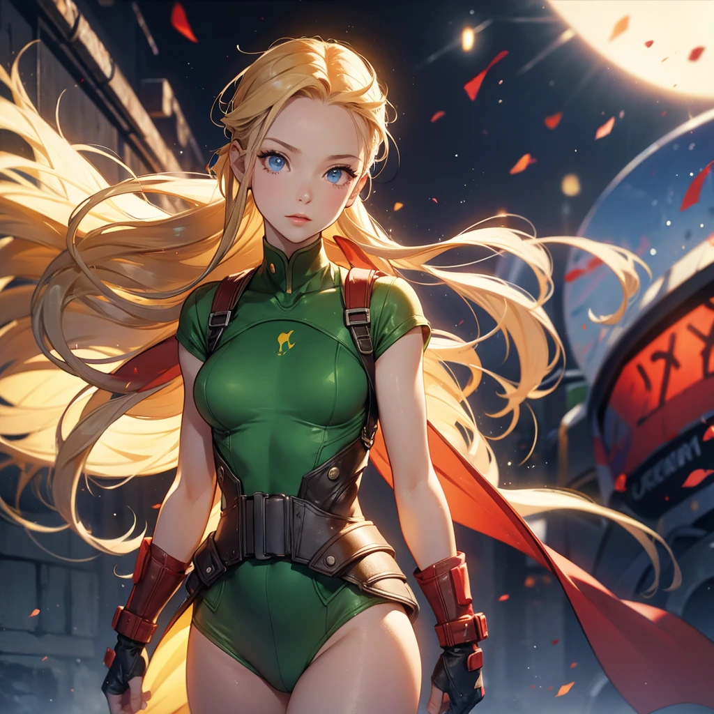 Cammy&#39;s character wearing a very small bikini sitting on the sand with her legs open and both arms raised with her hands clasped behind her neck, emphasizing the armpits, Chest and abdomen must look muscular and with moist skin, wet 