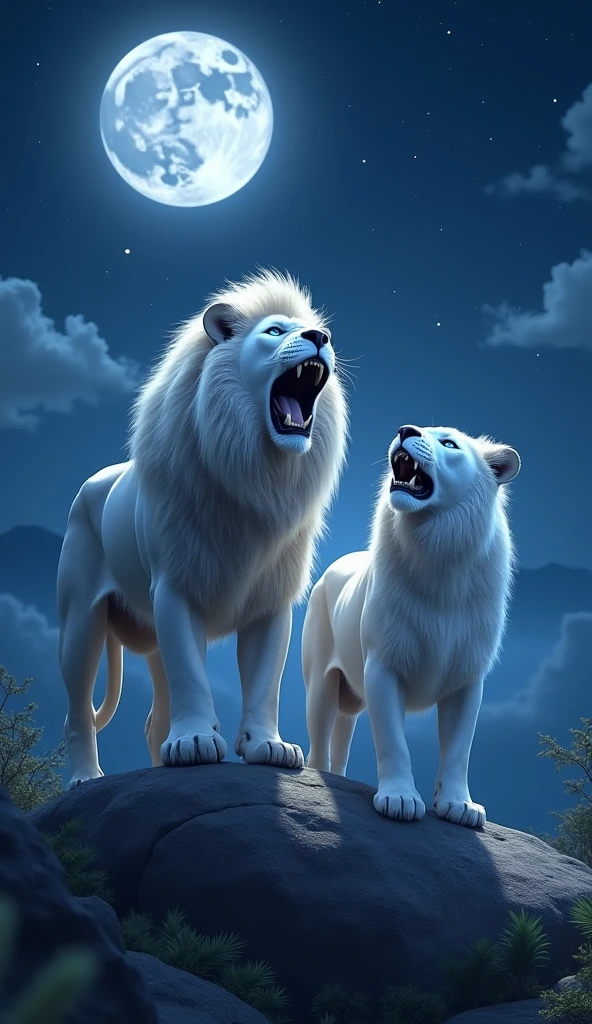 Create a super hyper mega ultra realistic 8k image of a white male lion and a white female lioness with strong, realistic blue eyes, roaring at night, looking at the sky. 