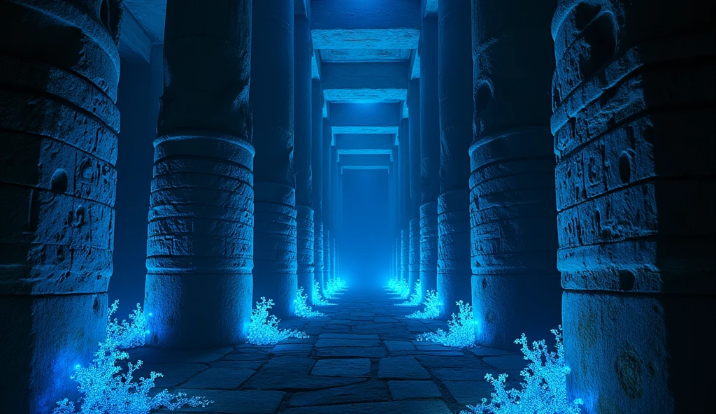 Blue fluorescent organisms attached to a pillar in a colossal temple. Everything is dark. Only illuminated by these organisms