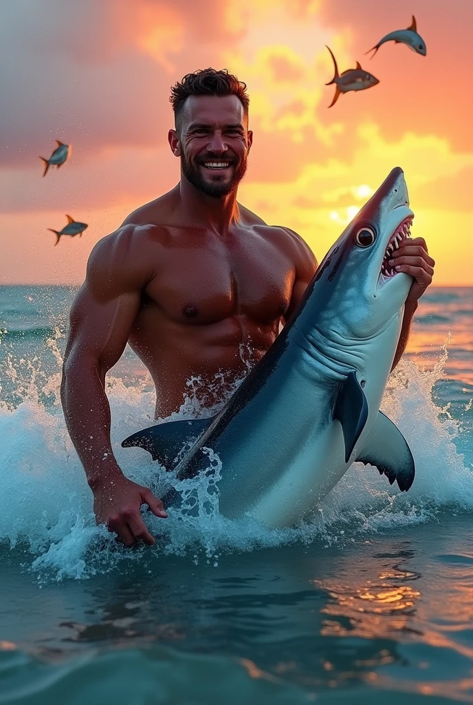A muscular man catching a shark