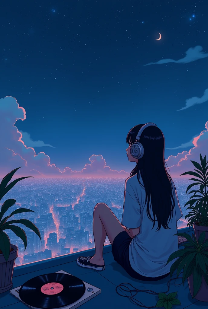 anime style scene of a woman sitting on a rooftop at night, Lofi Stylestyle, in the style of atey ghailan, Lofi Style, inspired by Atey Ghailan, lofi hip hop, lofi girl, garota lofi aesthetics, atey ghailan 8k, Lofi hears, sitting on a roof, lofi aesthetics