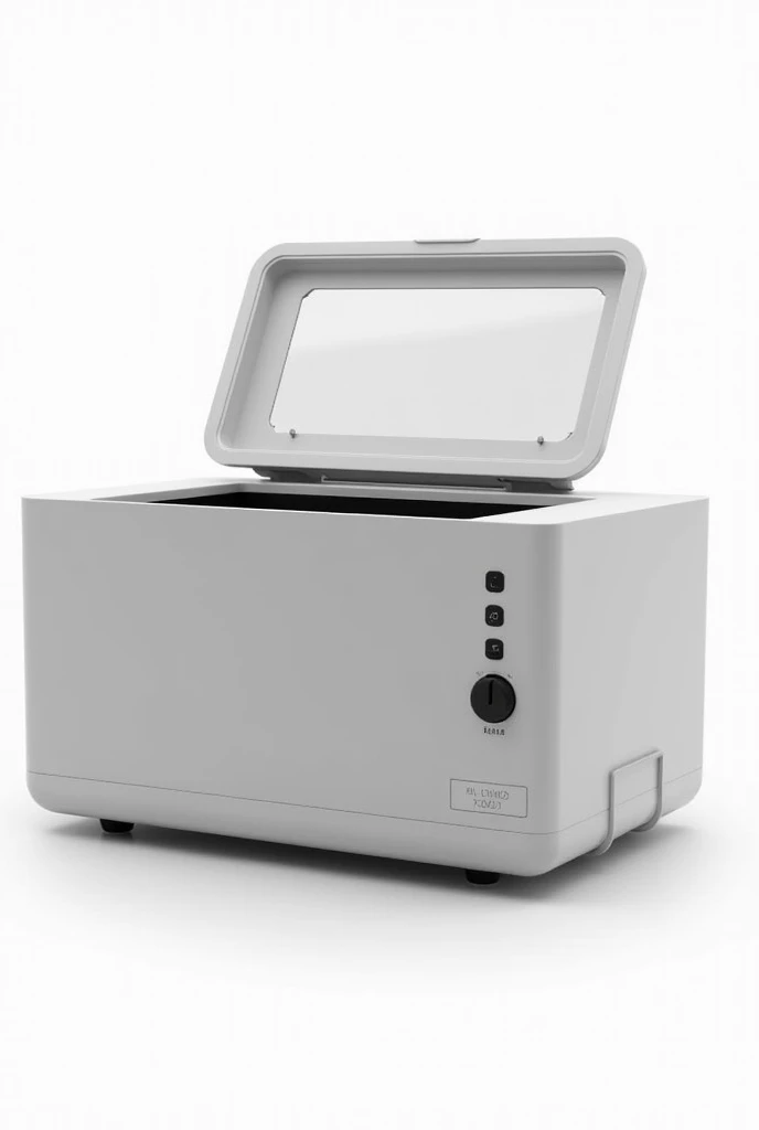 

On a White background put 

A compact and sophisticated design portable microwave, designed to preserve the temperature of food and beverages anywhere. With dimensions of 27 cm wide, 18 cm deep and 15 cm high.

This microwave does NOT have a door handle. Non-slip rubber feet on the base.

The microwave door opens upwards, Towards the sky, offering a convenient and accessible opening. Made of durable material with a small tempered glass viewer, allows the user to see the content without having to open the device. 

