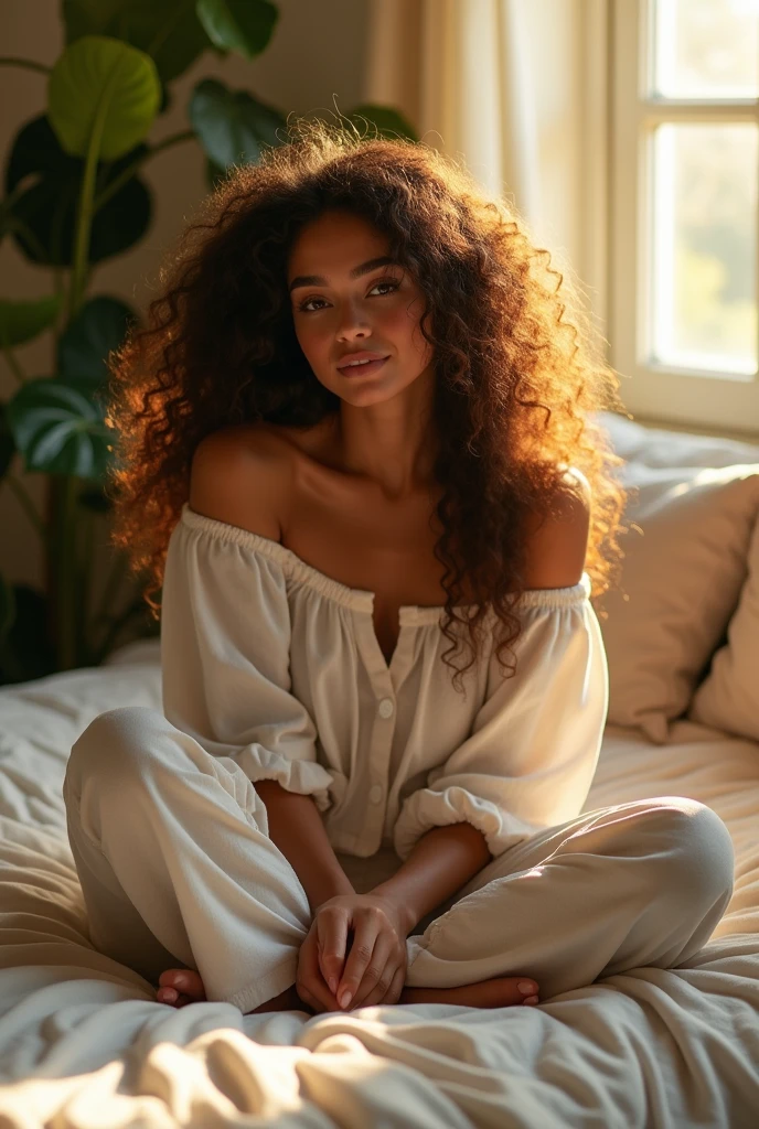 (photorealism:1.2), beautiful woman, sitting on bed, wearing loose off-shoulder top, pajama pants, long curly hair, indoors, soft lighting, plants in background, window with sunlight, cozy room, relaxed pose, realistic, intricate details, warm colors,
La imagen muestra un hermoso bosque mágico durante el crepúsculo. Los árboles son altos y majestuosos, con hojas en tonos de verde profundo que brillan suavemente con un resplandor etéreo.