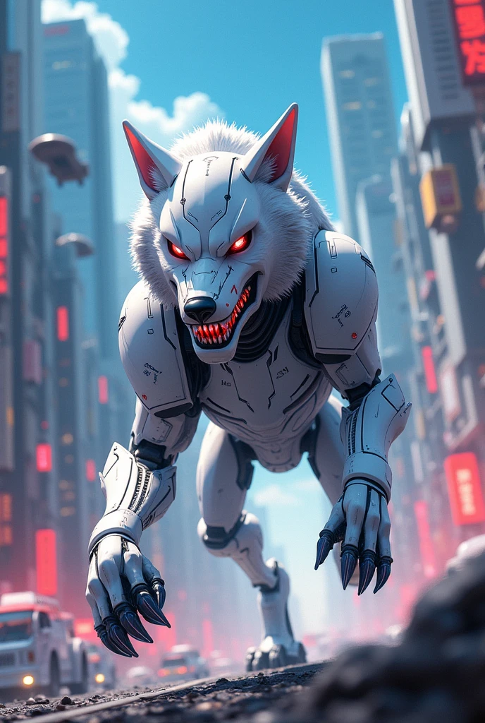 White and technological mecha wolf in action, anime 4k style