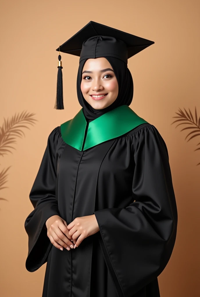 Consept art photography, fan art photography, a women, wearing hijab, wearing black graduation hat, Wearing black graduation gown, wearing green color graduation hood, pastel brown theme background, Standing pose, leaf effect background,pastel brown lighting effect,bright results, perfect pose, cute design
