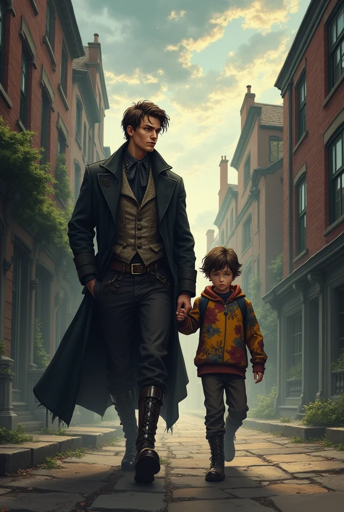 Create a poor Victorian man in his 30s but young with brown hair, strong body in Gothic style, tan skin, short brown beard. And a male child wearing a sweatshirt, long, slightly curly black hair, and colorful, bright clothes. Everything in anime style. They are walking side by side.