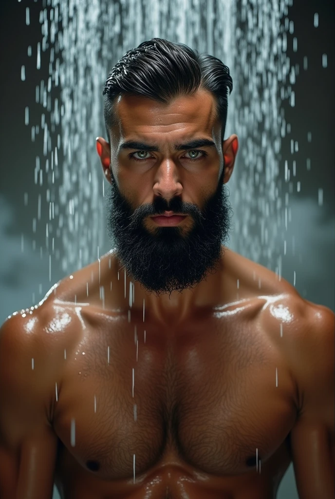 A muscular young man with veins popping out. He has a square face., of Iranian origin, and grows a big beard. Her complexion is tanned. He has short, dark shaved hair.. Ses yeux sont verts clairs et il fixe directement l'objectif de manière sexy. Il est sous la douche et il prend du plaisir, son visage est crispé de plaisir
