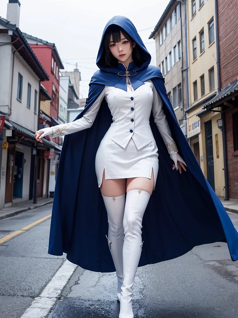 South korea asssassin's creed walk women mystery hooded on with modern royal Blue coat with buttons and royal Blue cape and very high white heel over the knee and white gloves, As she reveals a small secret hidden blade, adding to the characters mysterious, with small movements of air on the cape, in summer at night under the rain, with buildings featuring curved eaves and detailed architecture. sophisticated and highly detailed, ultra hd, realistic, hyper detailed, enhanced colours, ultra sharp focus, with vibrant, rich in details High quality, gorgeous, captivating, 8k, super detailed, stunning shadows, detailed lines, blood stain on clothes and walls, corpses in the street recently murdered
