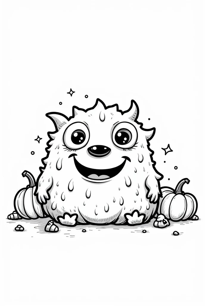 Cute and Kawaii Halloween Friendly Monster coloring Page, simple for ddlers, bold and easy, black boldlines, White background, for a coloring book black and white, line art, only outlines, but the design is simple and bold, no greyscale