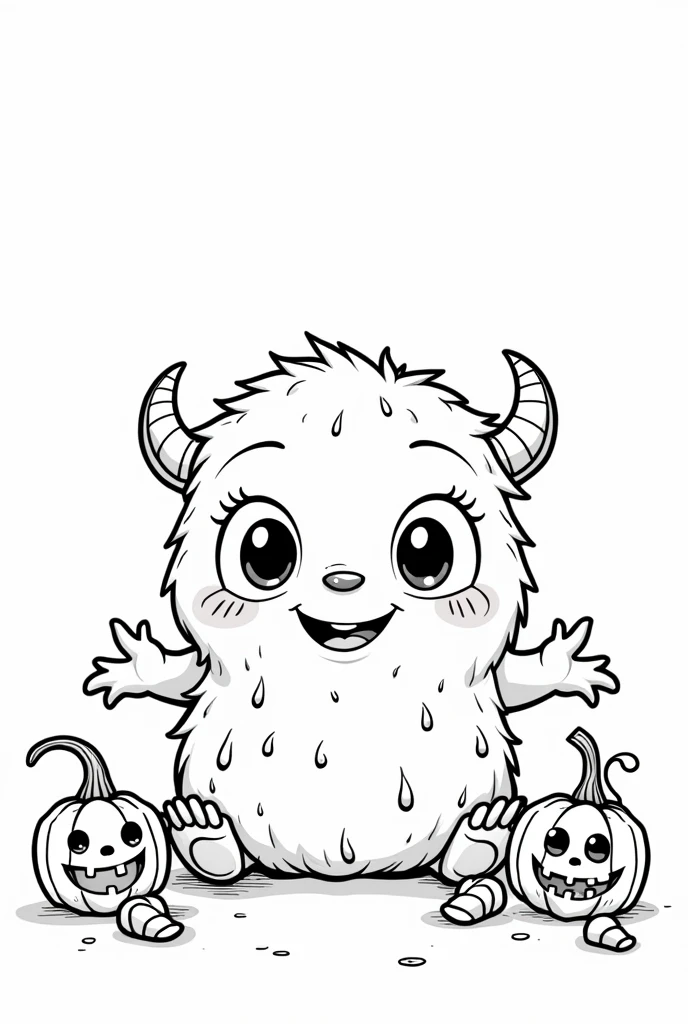 Cute and Kawaii Halloween Friendly Monster coloring Page, simple for toddlers, bold and easy, black boldlines, White background, for a coloring book black and white, line art, only outlines, but the design is simple and bold, no greyscale