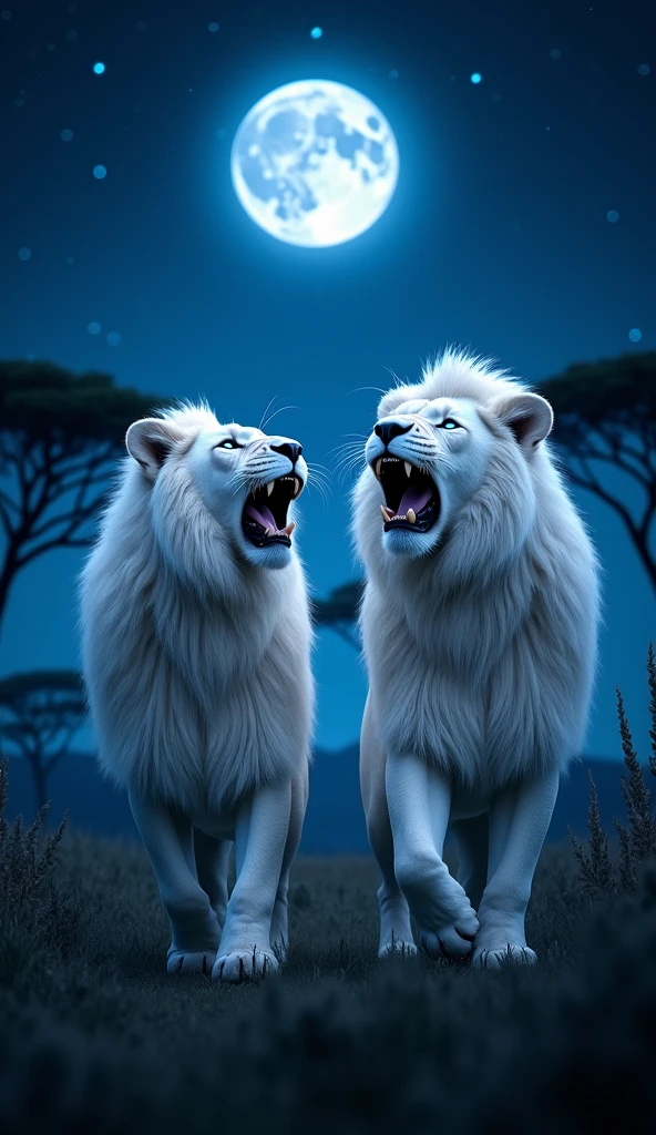 Create a super hyper mega ultra realistic 8k image of a male and female white lion with strong, realistic blue eyes roaring at night, looking at the sky 