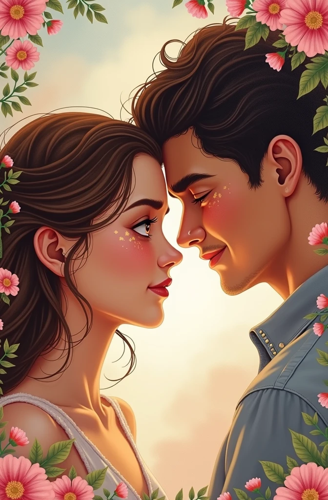 Create a book card on the theme of tangled love, where the girl's face shows love suffering and the guy's face radiates love for her