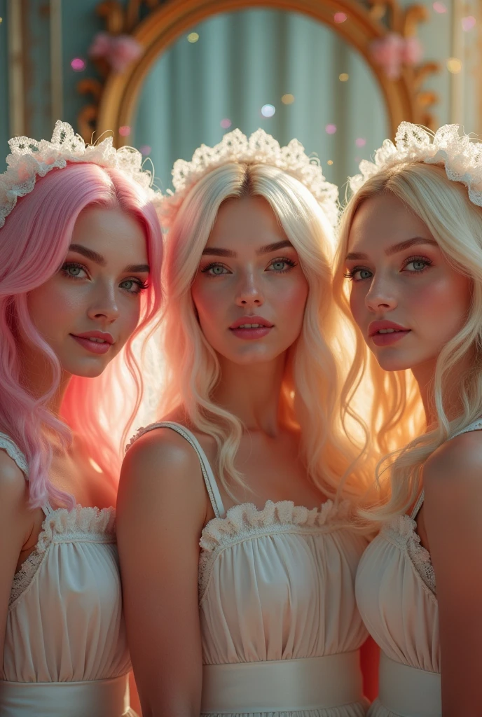 live-action(Full Body of Extremely detailed((A group of cute maids:1.37))), Cute perfect face, Reflective eyes, detailed(Delicate clothing texture), Correct leg line, ,BDSM,Dynamic and joyful expressions are realistically expressed, reflection of mirror, TopQuality 8K ultra-fine masterpiece (Professional Photo:1.37), (Accutance:0.8), (Luminism:1.28), (Renaissance Art Style), Colorful light particles, ((Whole body from the side)), {Micro Mini Skirt|kiss|Breast lifting|Take off|Thigh Gap|Asfocus}, Translucent, Glowing, Fine-Grained Skin, (Expose:0.5), (Types of hair color){Pink Hair|Blue Hair|Platinum Blonde|Pure white hair|Liquid Hair}, Perfect lighting