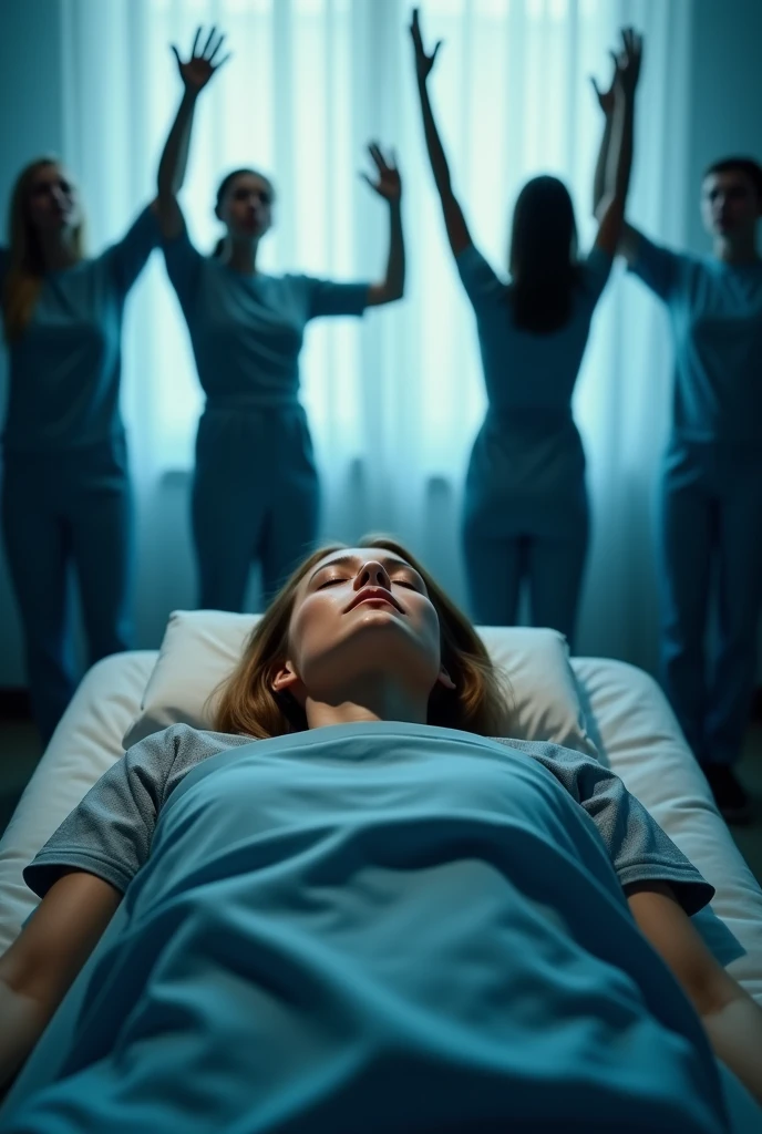 Woman dressed with closed eyes and a small towel covering her eyes, quiet, lying covered up to her neck with a blue sheet on a stretcher and 4 people with their hands raised above the lying woman