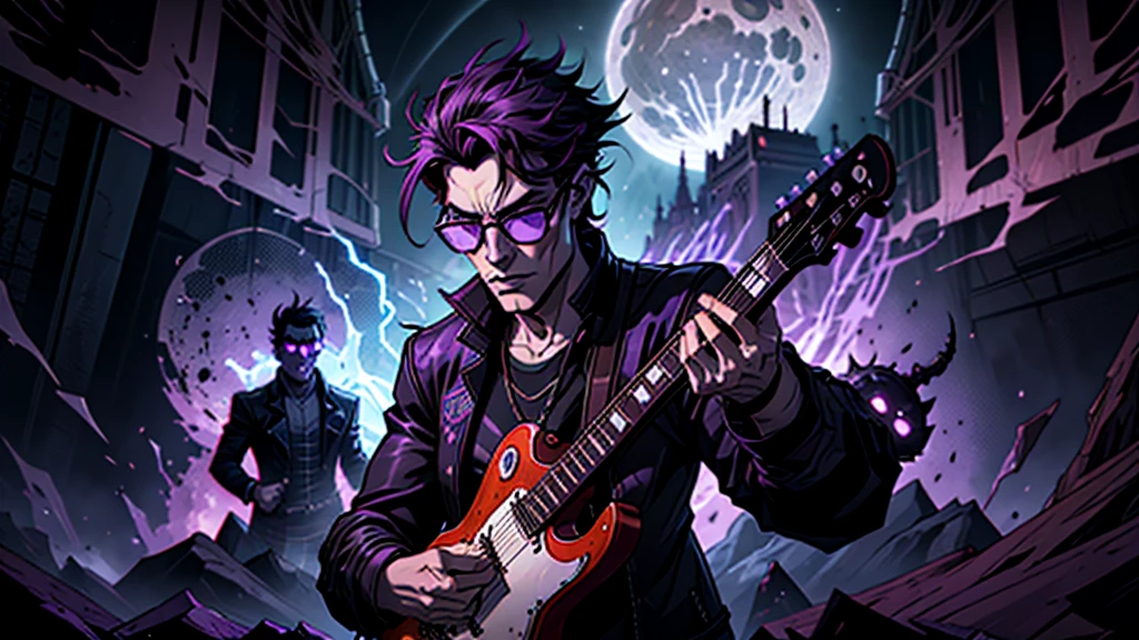 Create a surreal and haunting high fantasy image of a male lobisomen using dark glasses in a rockstar jacket, "Kaelin Darkshadow", playing a flaming guitar while battling a horde of demonic creatures in a mystical, neon-lit arena. called 'Lunar Fang', is a legendary musician who sold his soul to the devil for unparalleled musical prowess. His music has the power to summon spirits and his guitar solos can shatter the very fabric of reality.  background castle in fire purple