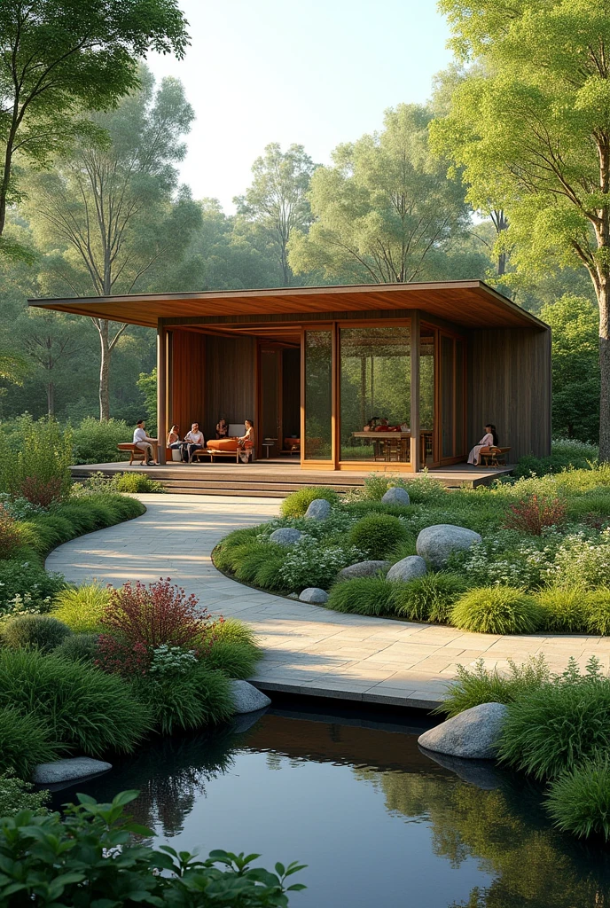 A large plot of land where an architectural project for a large modern pavilion with large glass doors and windows to illuminate the spaces is located., must contain sustainable features using many trees, plants and flowers and wood in construction. The pavilion is inside a park surrounded by trees and with people using the space, there will be a water mirror for the building's use, an imposing and inviting entrance creating paths that lead to the building, creating several leisure areas with vegetation and benches along the way