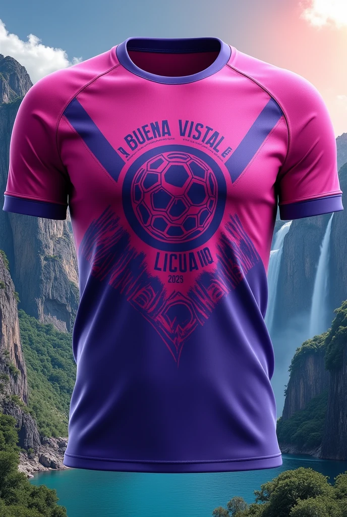 Uniforme de fútbol de color morado con rosado y con el Escudo de fútbol ⚽ con montañas cascada y el nombre de BUENA VISTA LICUA FC  2023