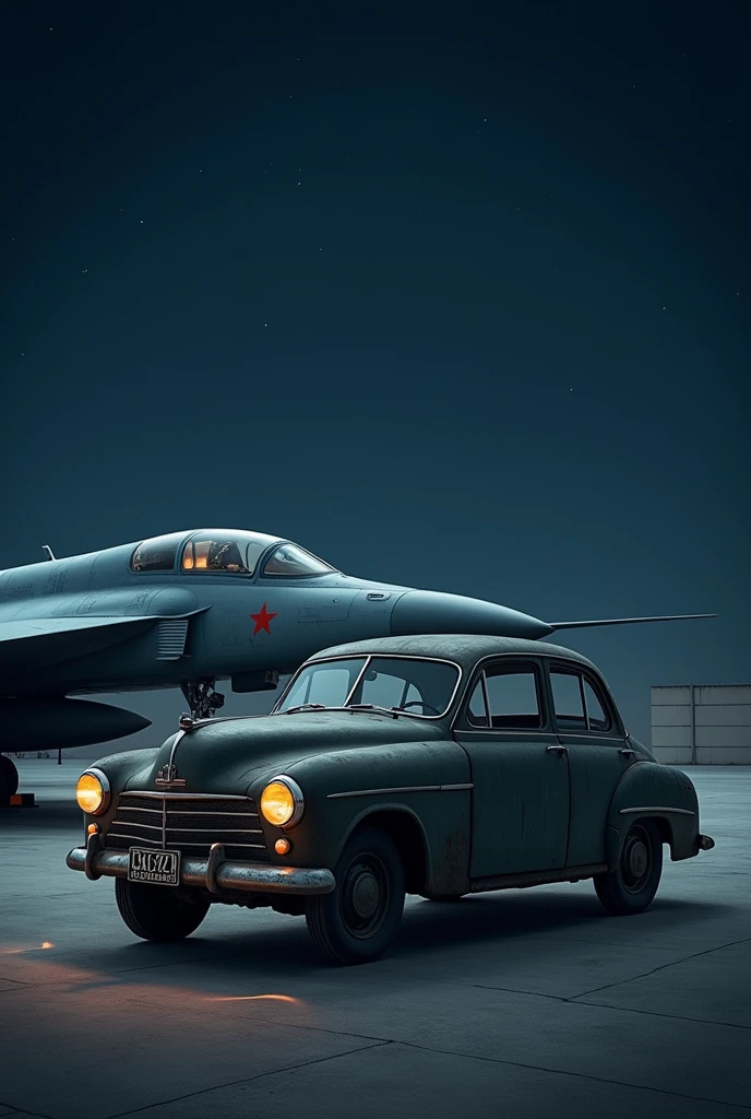 Soviet small sedan vehicle from the 60s, military painting, from the air force, at night parked close to a fighter jet