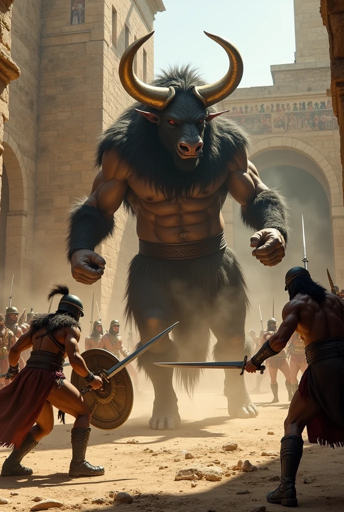 Minotaur fighting humans