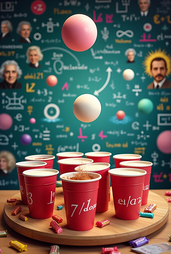 Make a design idea for a math carousel template, Please note that we chose an activity called Modified Beer Pong for Math (If a student correctly completes an exercise, he/she will be able to throw a ball and if he/she puts it in one of the cups, he/she will win a candy.) Make it with pictures of mathematical geniuses and lots of mathematical formulas and equations