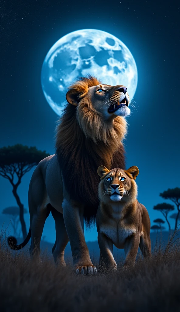 Create a super hyper mega ultra realistic 8k image of a lion and a female lioness with strong, realistic blue eyes roaring at night, looking up at the sky.