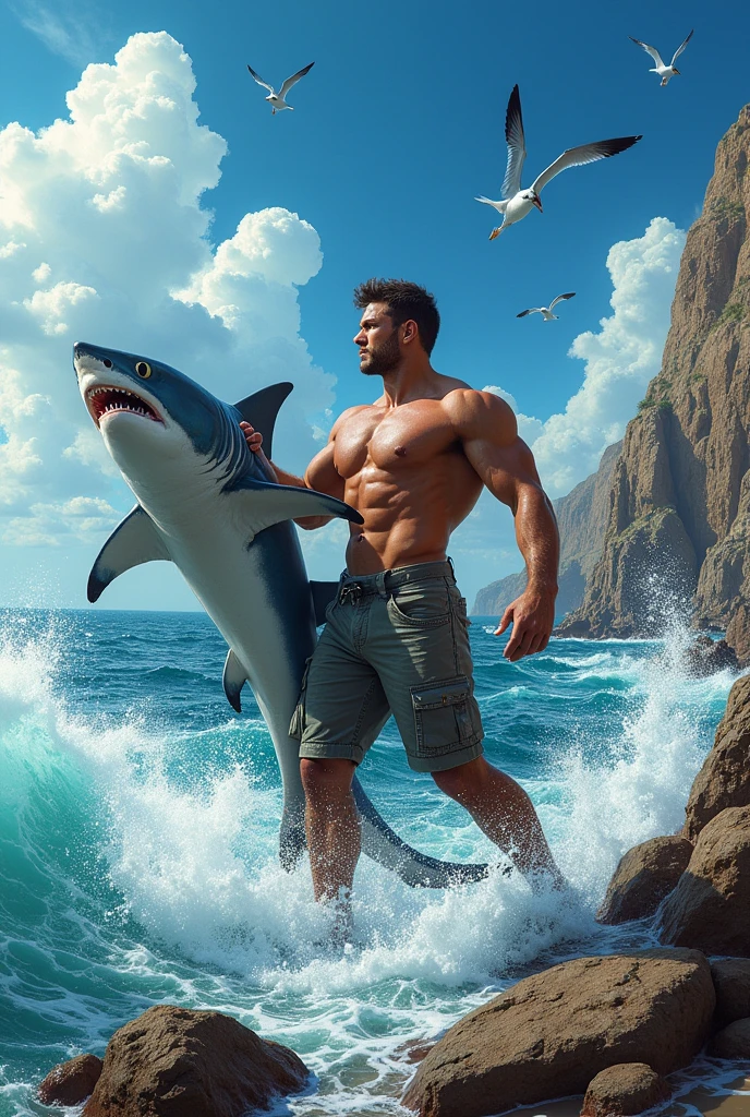 Muscle-bound man catching a giant shark