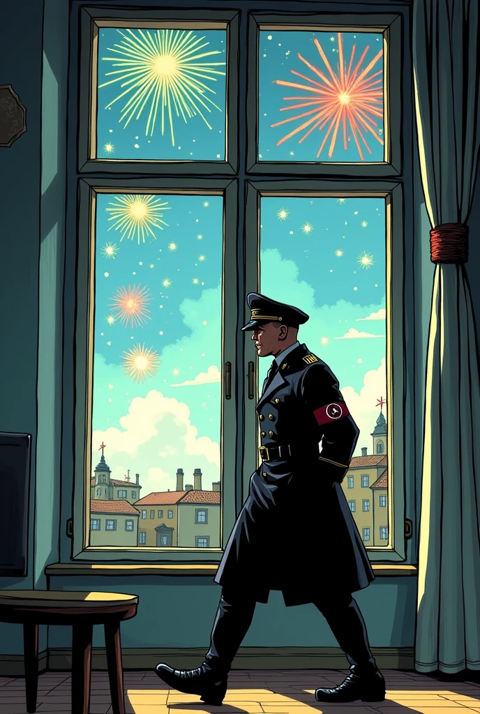 Make me a Nazi soldier walking towards the window in his apartment, and outside the window you can see fireworks., that it be daytime and that the image be sideways in the Nazi comic style