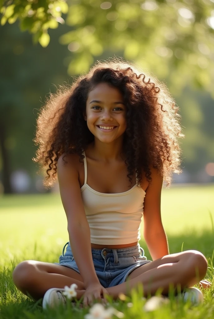 A brunette girl with curly hair and big breasts sits with her legs stretched out, taking a realistic photo