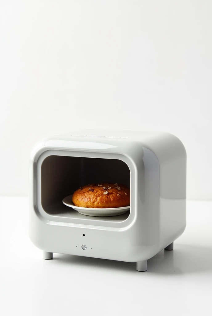 

On a White background put 

A compact and sophisticated design portable microwave, designed to preserve the temperature of food and beverages anywhere. With dimensions of 27 cm wide, 18 cm deep and 15 cm high.

This microwave does NOT have a door handle. Non-slip rubber feet on the base.

The microwave door opens upwards, Towards the sky, offering a convenient and accessible opening. Made of durable material with a small tempered glass viewer, allows the user to see the content without having to open the device. 


