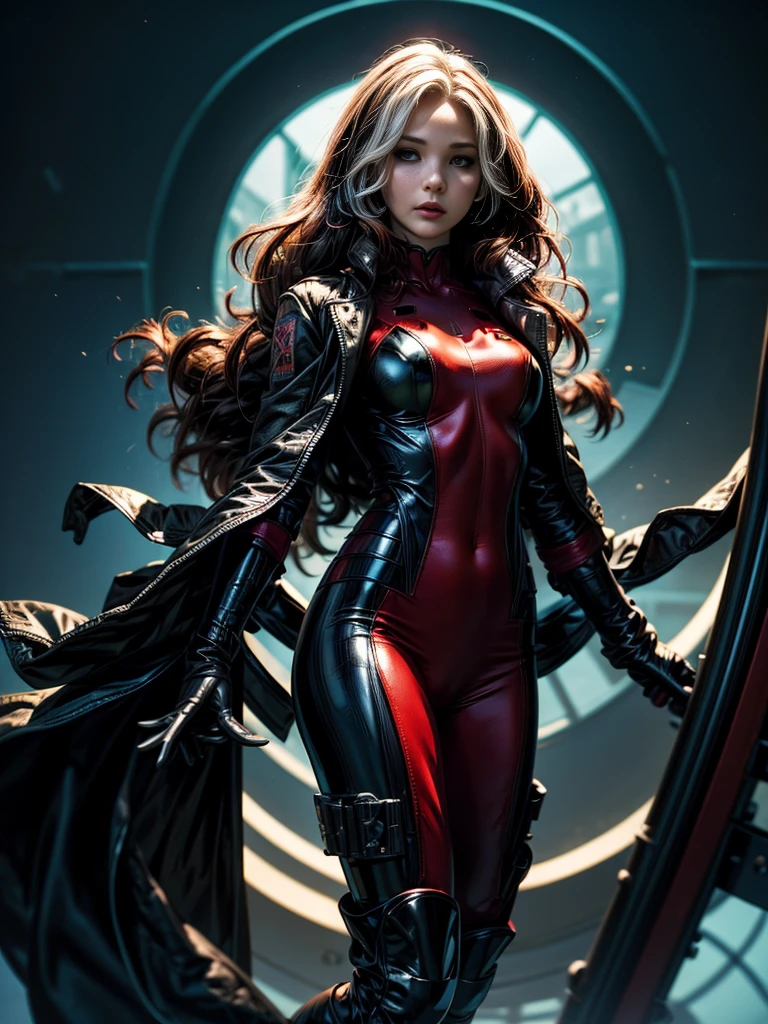 Jennifer Lawrence、masterpiece、High quality 4K、villain (X-Men)、Gothic Girl、Sculpted Body Gothic Makeup、Black jacket、Red and blue bodysuit、masterpiece、Highest quality、Cowboy Shots、One personの、One person、Technology Military Bodysuit、fringe