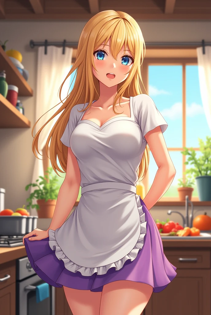 Create an anime woman with huge breasts. She's in the kitchen wearing a white apron, a purple skirt, and a white blouse. She has blue eyes and long blonde hair with tanned skin.
