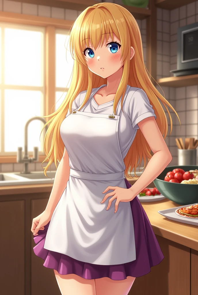 Create an anime woman with huge breasts. She's in the kitchen wearing a white apron, a purple skirt, and a white blouse. She has blue eyes and long blonde hair with tanned skin.