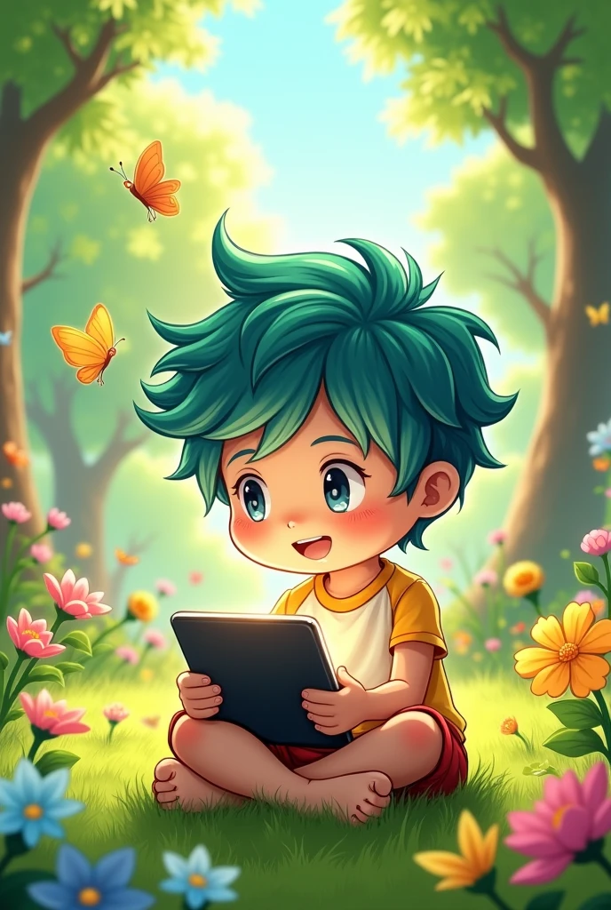 Chibi cartoon A boy is reading a tablet. He is in the garden