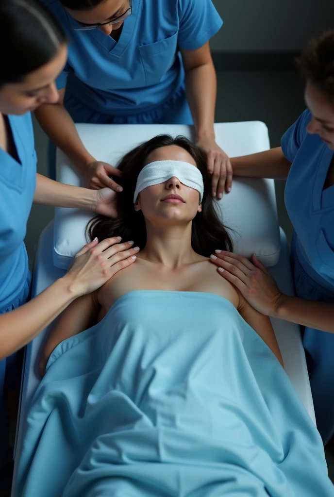 Woman dressed with closed eyes and a small towel covering her eyes, quiet, Lying covered up to the neck with a blue sheet on a stretcher and 4 people with their hands on the lying woman