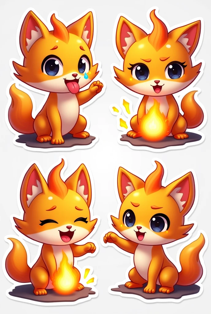 Design a set of 3D stylized stickers for the SOLMON - Solana Monsters series.

Each sticker should feature a SOLMON character depicted in a cute, chibi-style with big, expressive eyes and exaggerated features. The characters should be vibrant and playful, with glowing accents and small details like moss, vines, or elemental effects depending on their type (e.g., fire, water, nature). Ignis (Fire Cat):

Playful (tongue out, one eye winking)
Excited (wide-open eyes, sparks flying)
Confident (smirking, raised paw with flame)
Sad (tears forming, dimmed flames)