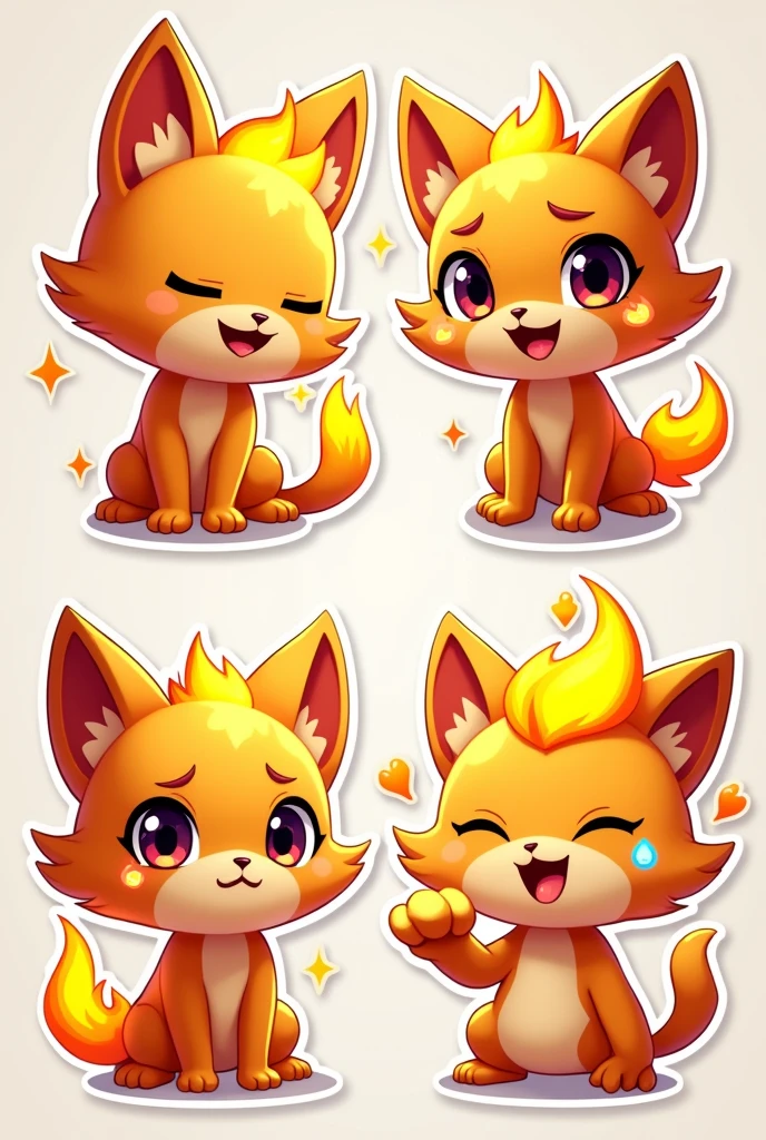 Design a set of 3D stylized stickers for the SOLMON - Solana Monsters series.

Each sticker should feature a SOLMON character depicted in a cute, chibi-style with big, expressive eyes and exaggerated features. The characters should be vibrant and playful, with glowing accents and small details like moss, vines, or elemental effects depending on their type (e.g., fire, water, nature). Ignis (Fire Cat):

Playful (tongue out, one eye winking)
Excited (wide-open eyes, sparks flying)
Confident (smirking, raised paw with flame)
Sad (tears forming, dimmed flames)