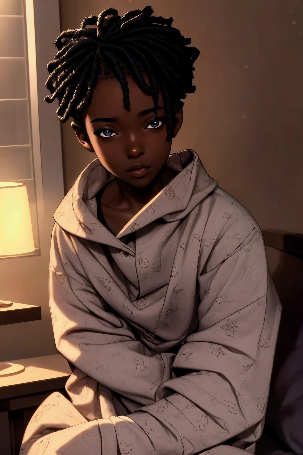 a cute black boy in pajamas, 1 boy, beautiful detailed eyes, beautiful detailed lips, extremely detailed face, long eyelashes, cute innocent expression, pajamas, cozy interior, soft lighting, warm colors, detailed environment, photorealistic, highly detailed, 8K, masterpiece, cinematic lighting, dramatic lighting