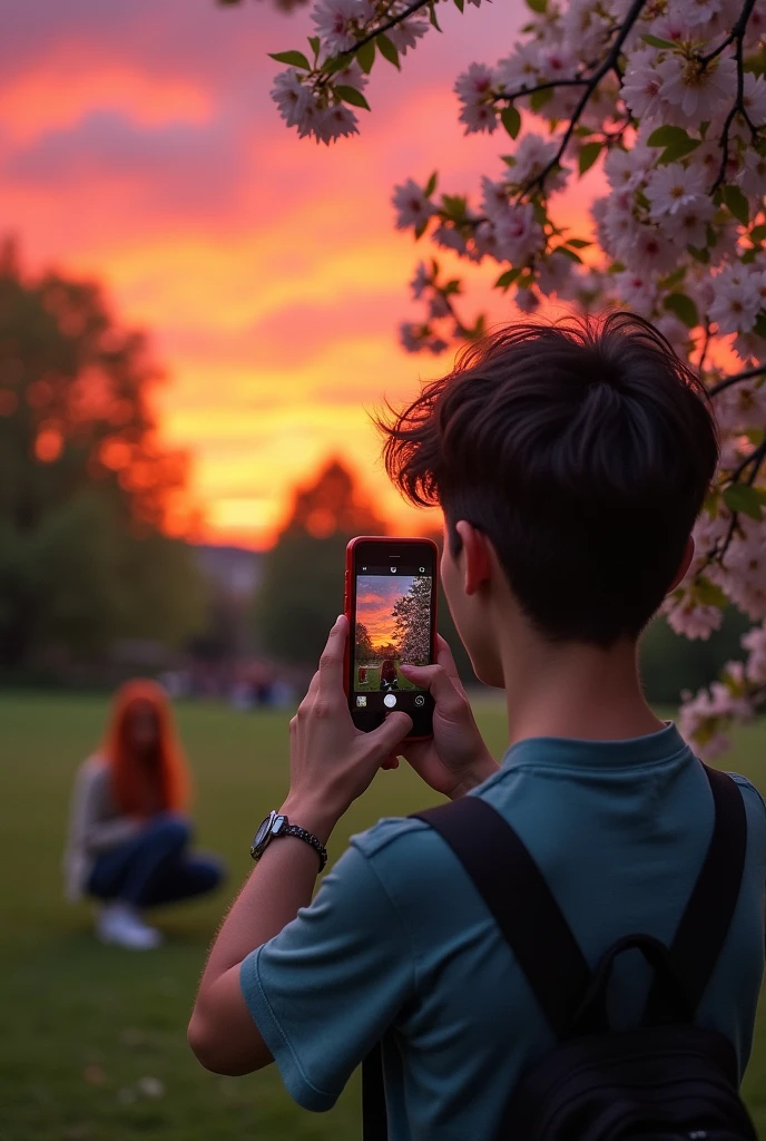 The background of a park with a sunset, A twenty-year-old dark-haired boy, grey eyes,Taking a photo from the front with a phone, and behind it you can see a girl, través del teléfono se vé una chica pelirroja de Veinte años  de lejos de grey eyes agachada en el suelo con las mejillas rojas 