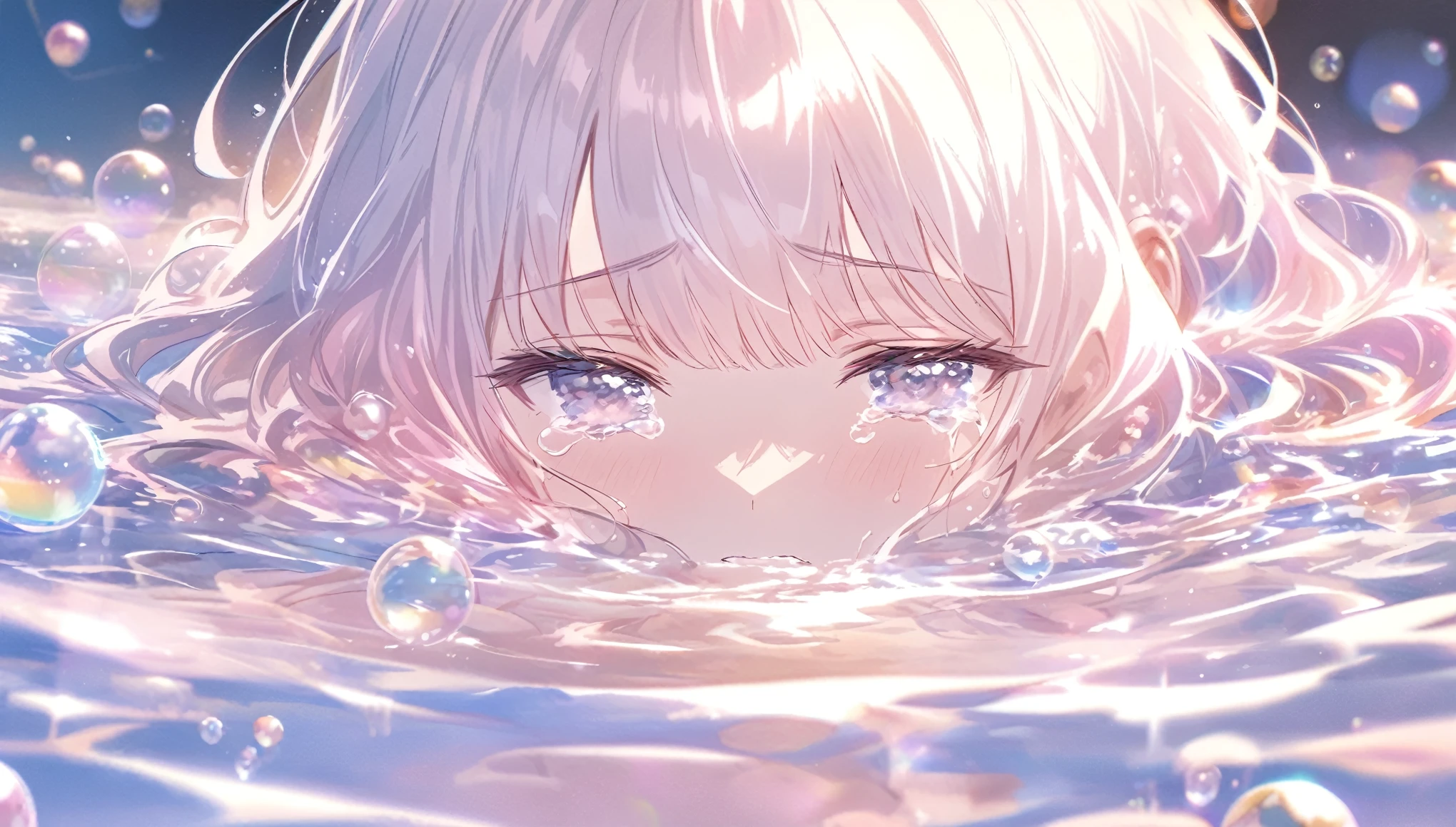 Person lying in water,Fluid abstract expression,Reflection and mirroring style,Clear light pink,Shimizu,White soap bubbles,Bokeh shot,tears, Are crying