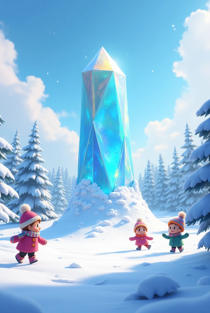 Clearing with a huge, brilliant crystal, harsh winter, cartoons 