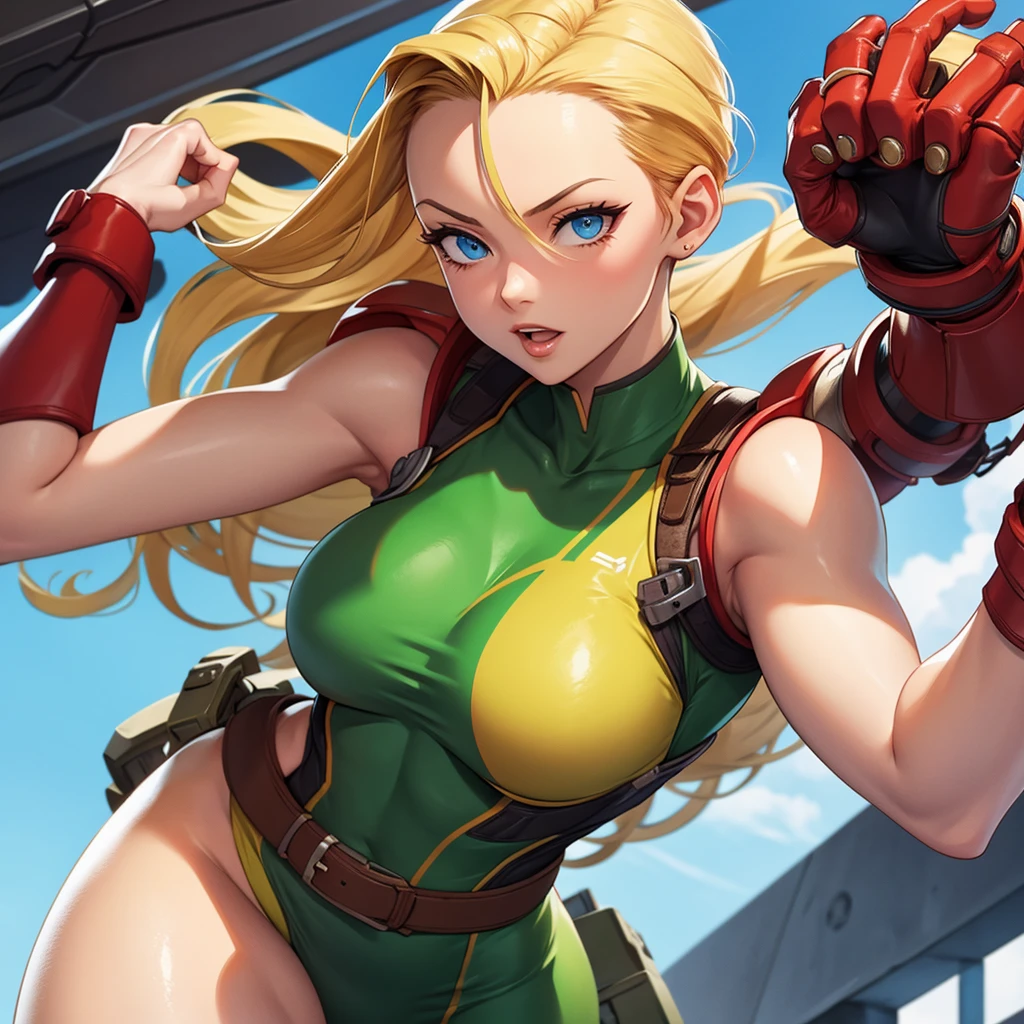 Cammy's character wearing a very small bikini sitting on the sand with her legs open and both arms raised with her hands clasped behind her neck, emphasizing the armpits, Chest and abdomen must look muscular and with moist skin, wet