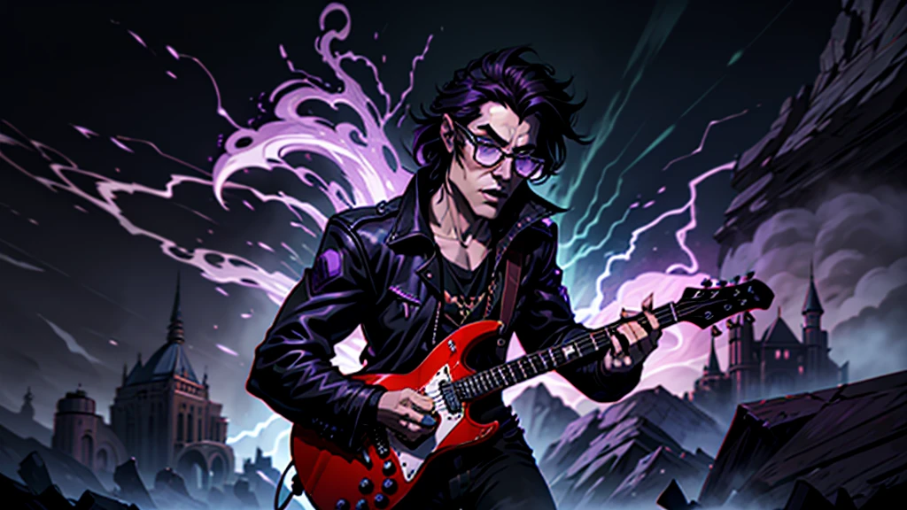 Create a surreal and haunting high fantasy image of a wolf lobisomen using dark glasses in a rockstar jacket, "Kaelin Darkshadow", playing a flaming guitar while battling a horde of demonic creatures in a mystical, neon-lit arena. called 'Lunar Fang', is a legendary musician who sold his soul to the devil for unparalleled musical prowess. His music has the power to summon spirits and his guitar solos can shatter the very fabric of reality. background castle in fire purple