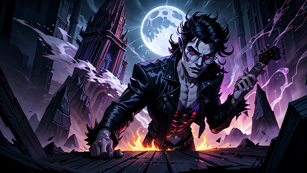 Create a surreal and haunting high fantasy image of a wolf lobisomen using dark glasses in a rockstar jacket, "Kaelin Darkshadow", playing a flaming guitar while battling a horde of demonic creatures in a mystical, neon-lit arena. called 'Lunar Fang', is a legendary musician who sold his soul to the devil for unparalleled musical prowess. His music has the power to summon spirits and his guitar solos can shatter the very fabric of reality. background castle in fire purple